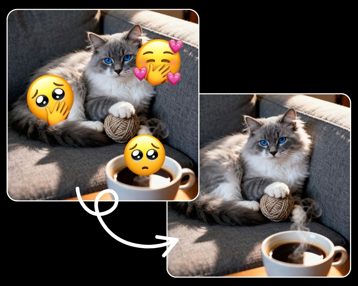 Cat photo before and after removing three emoji overlays